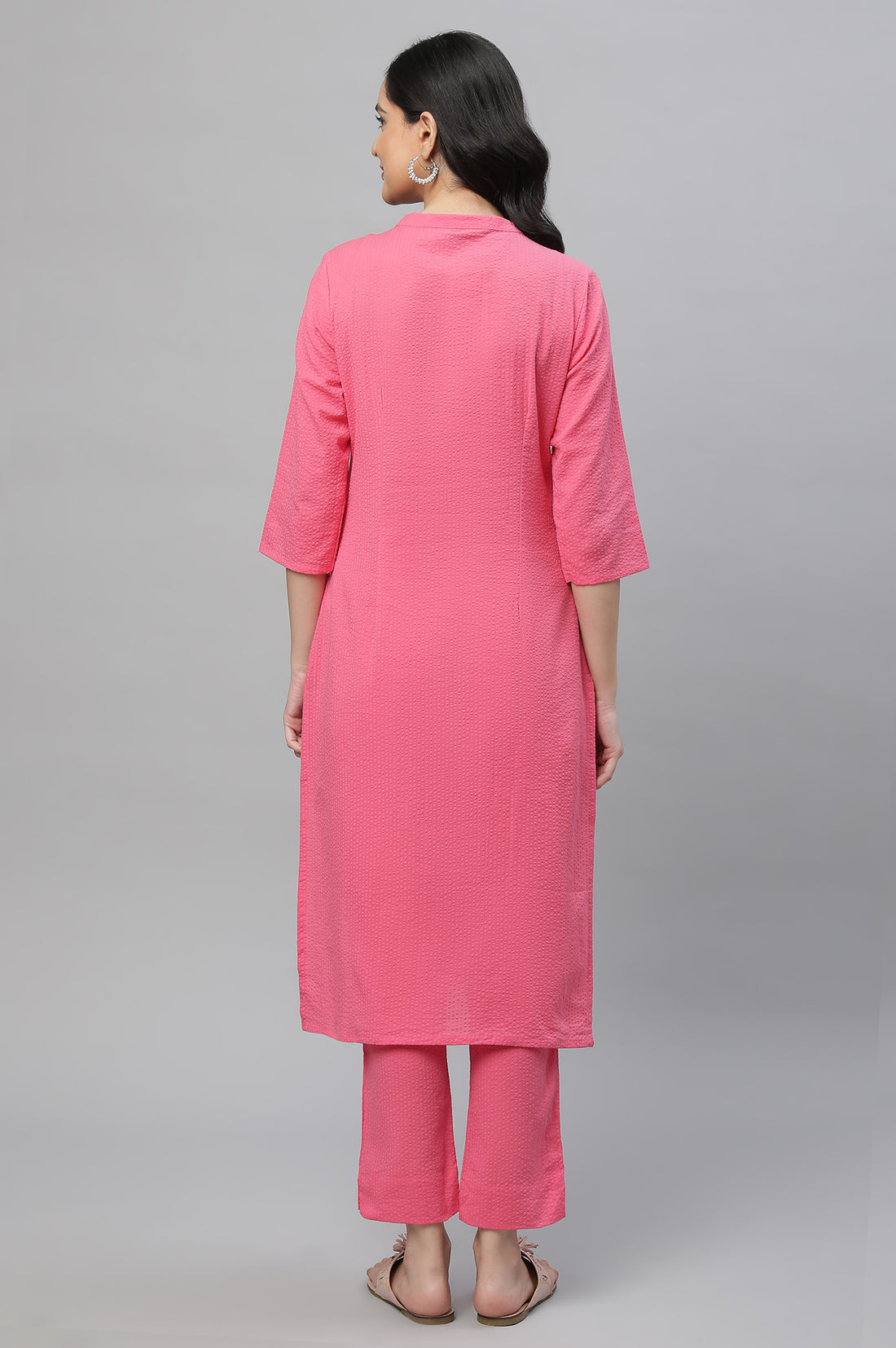 Pink Textured Cotton Embroidered Kurta Co-ord Set