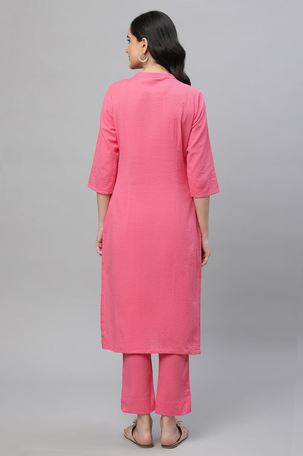 Pink Textured Cotton Embroidered Kurta Co-ord Set