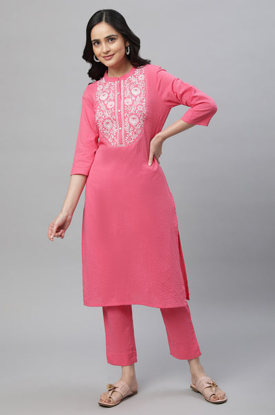 Pink Textured Cotton Embroidered Kurta Co-ord Set
