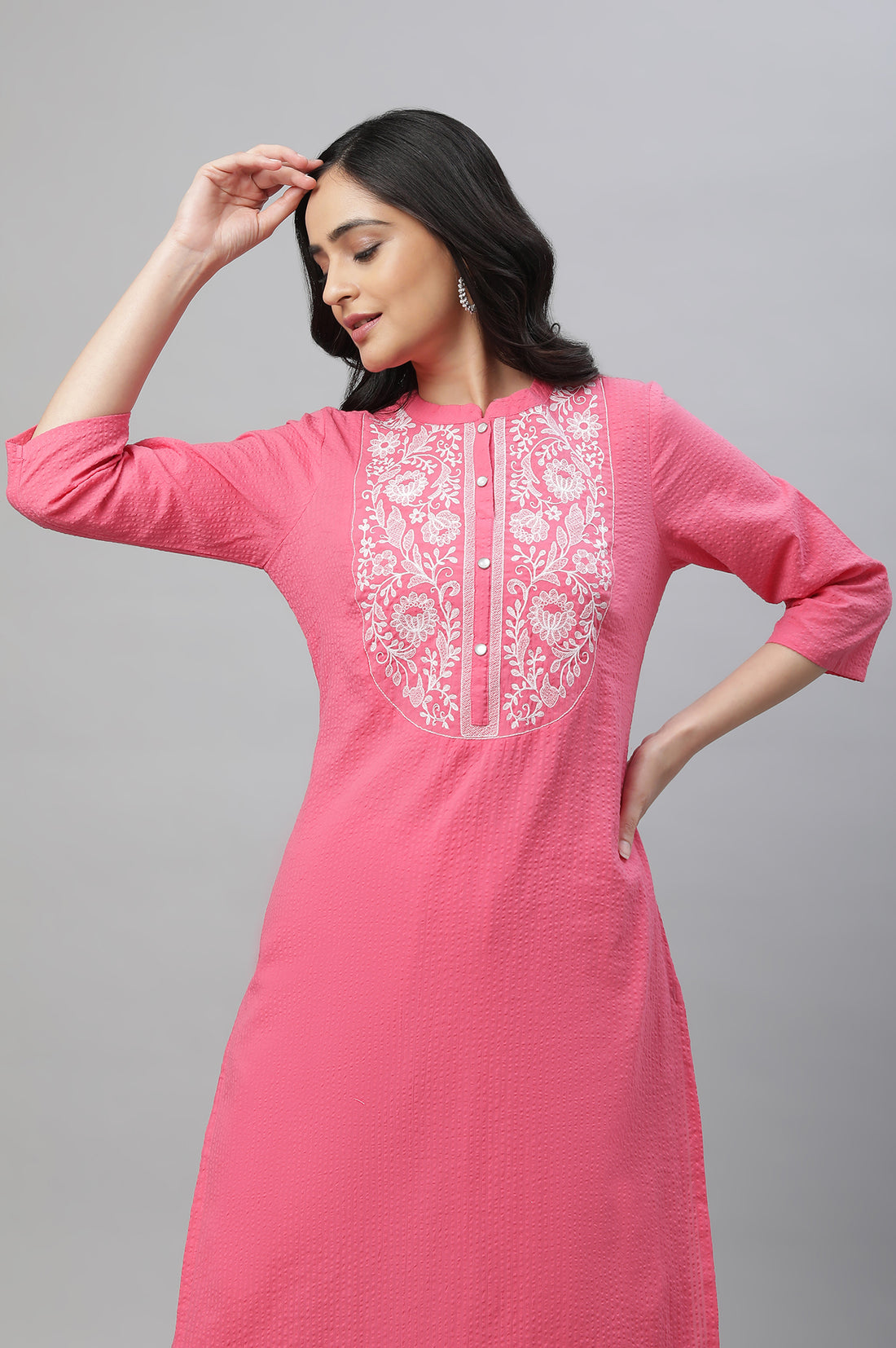 Pink Textured Cotton Embroidered Kurta Co-ord Set
