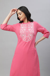 Pink Textured Cotton Embroidered Kurta Co-ord Set