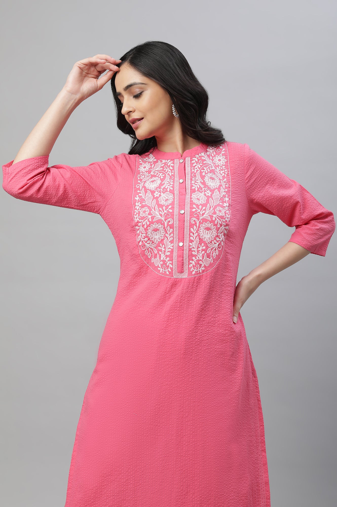 Pink Seer Sucker Embroidered Kurta Co-ord Set