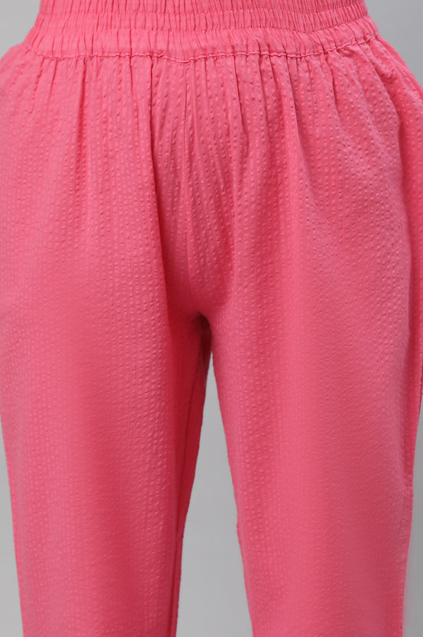 Pink Textured Cotton Embroidered Kurta Co-ord Set