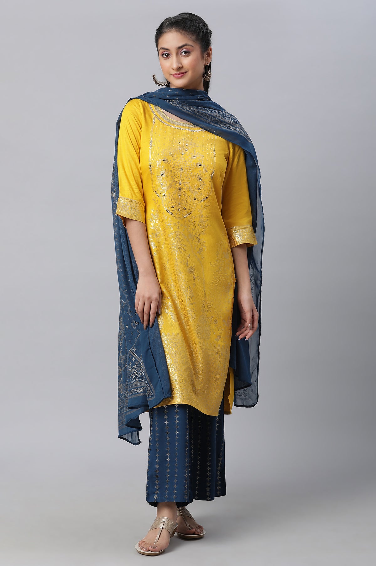 Yellow Embellished kurta, Palazzo & Dupatta Set - XS