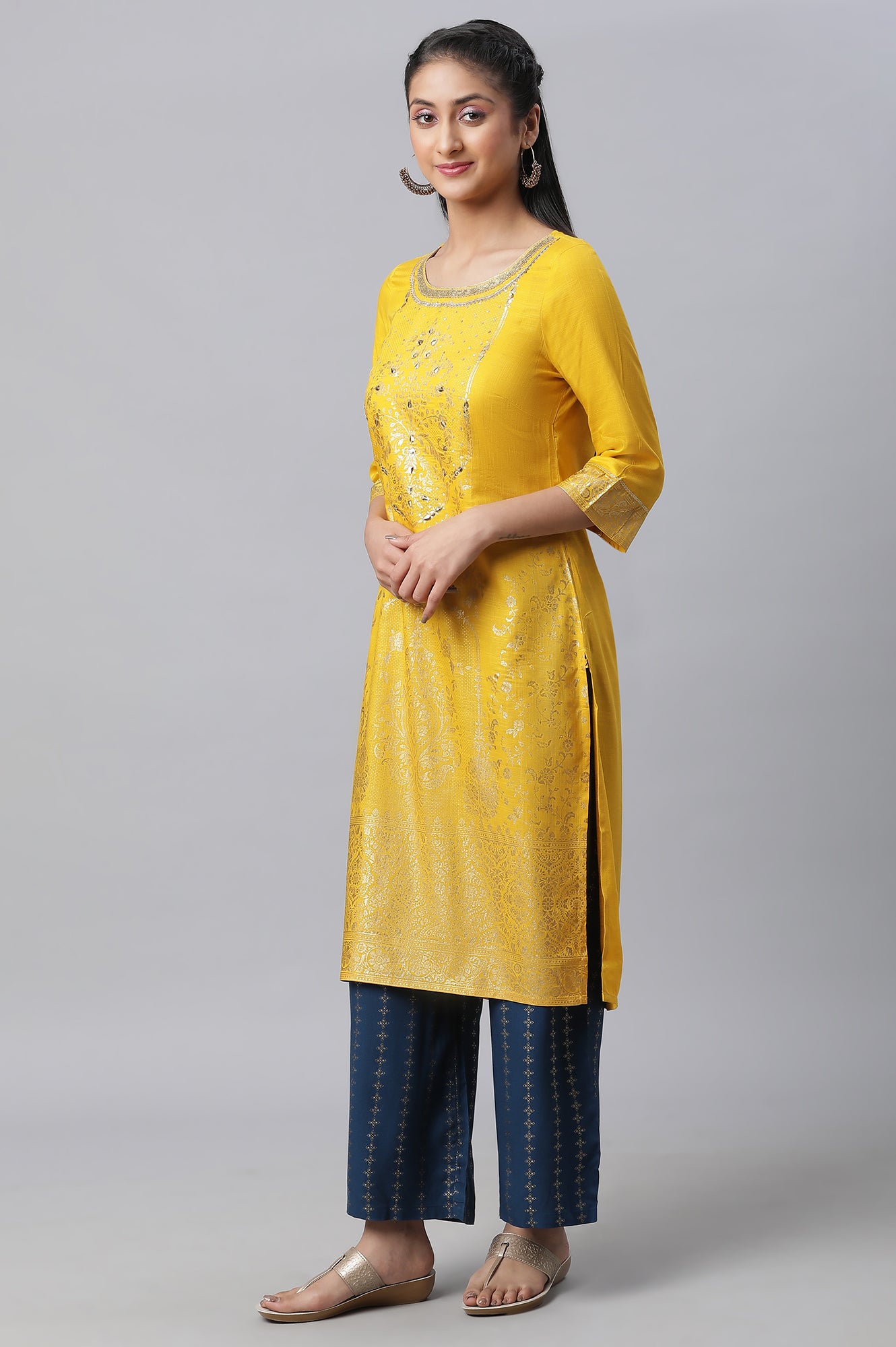 Yellow Embellished kurta, Palazzo &amp; Dupatta Set