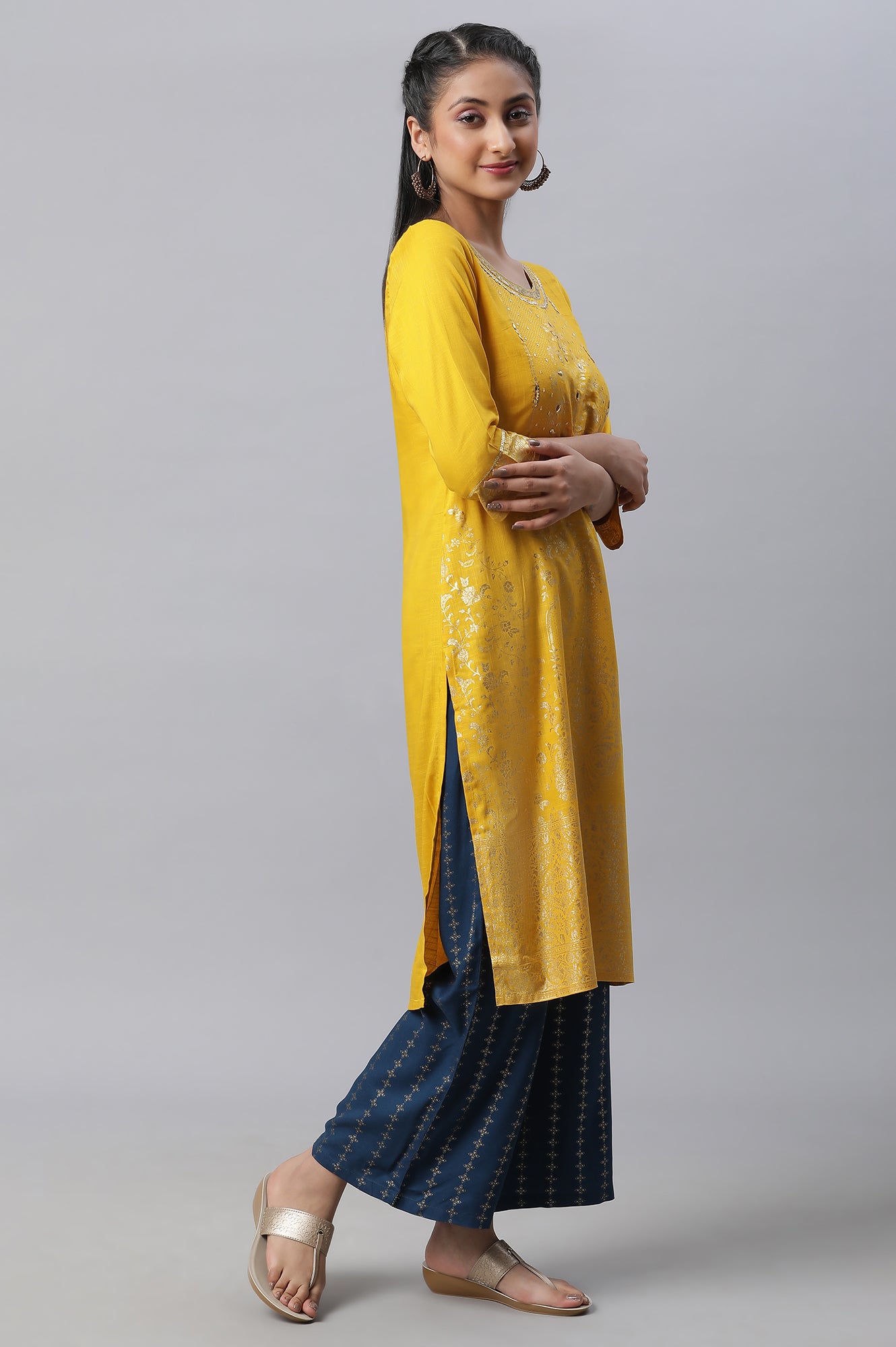 Yellow Embellished kurta, Palazzo &amp; Dupatta Set