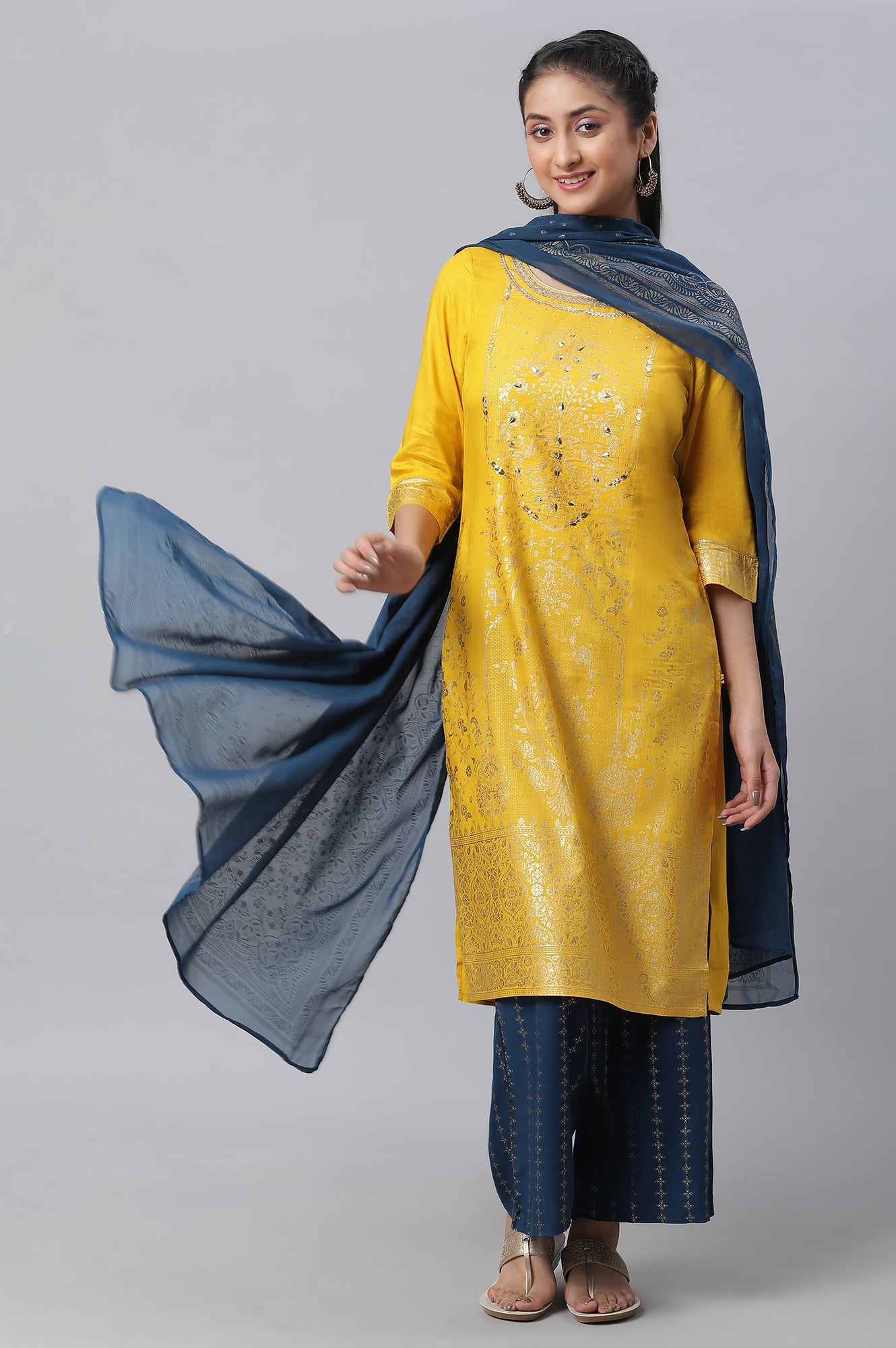 Yellow Embellished kurta, Palazzo &amp; Dupatta Set