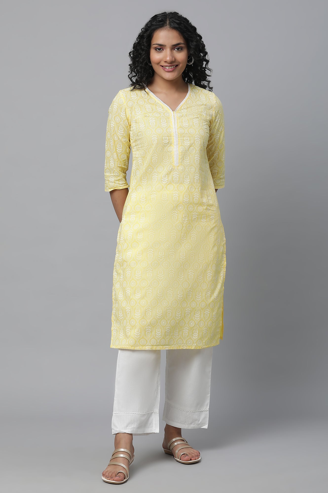 Yellow Printed Cotton kurta &amp; Palazzo Set