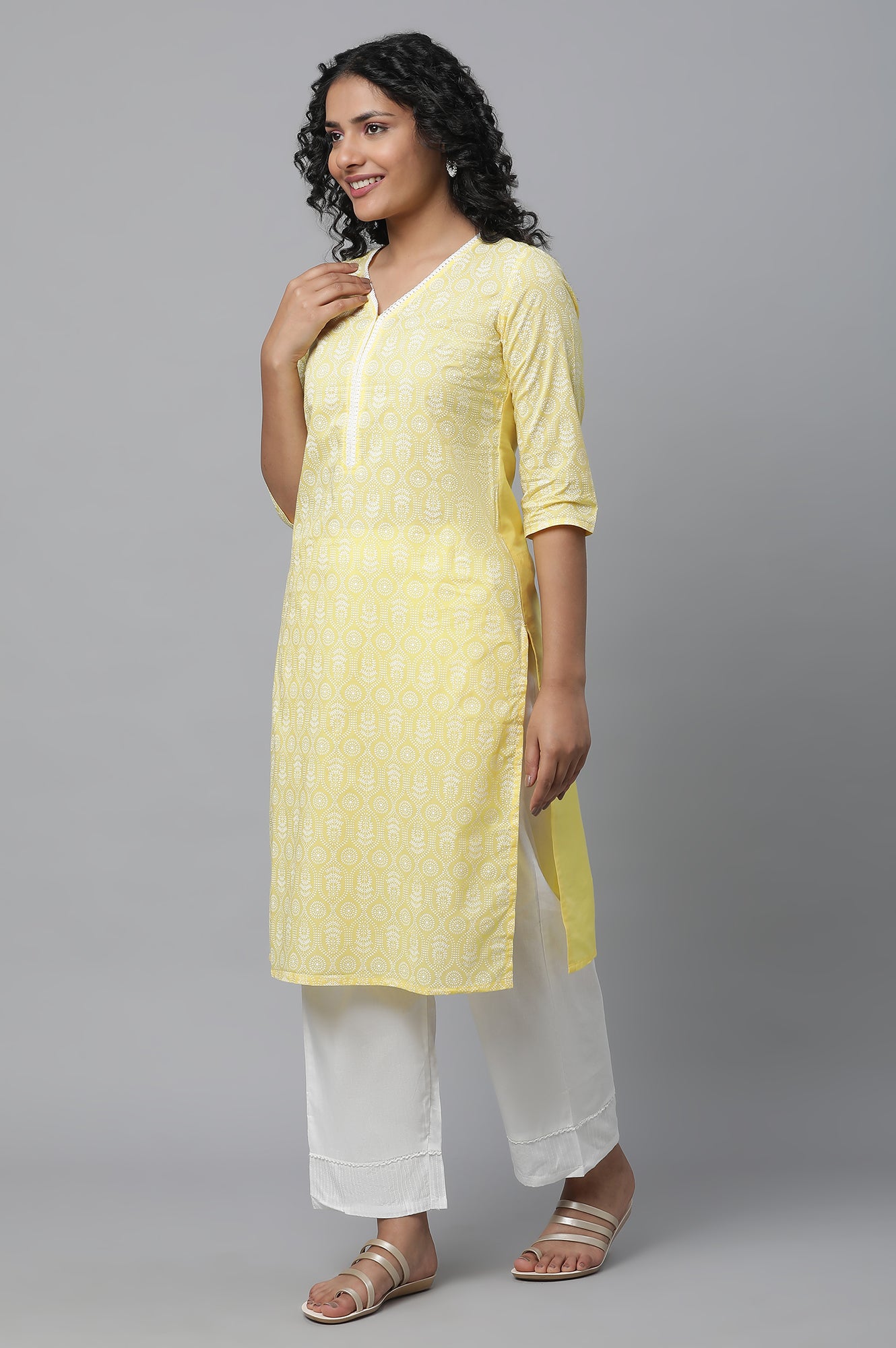 Yellow Printed Cotton kurta &amp; Palazzo Set