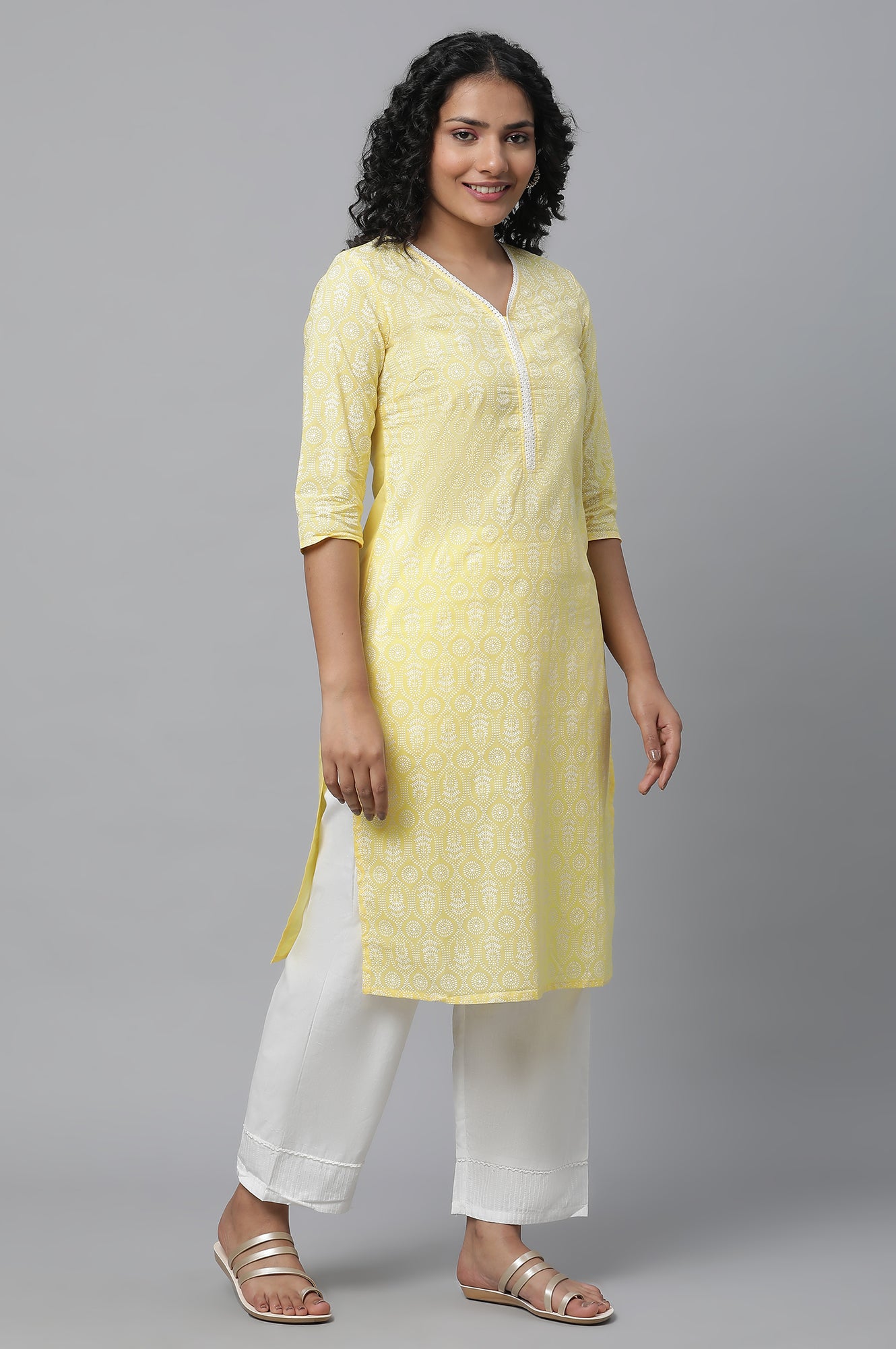 Yellow Printed Cotton kurta &amp; Palazzo Set