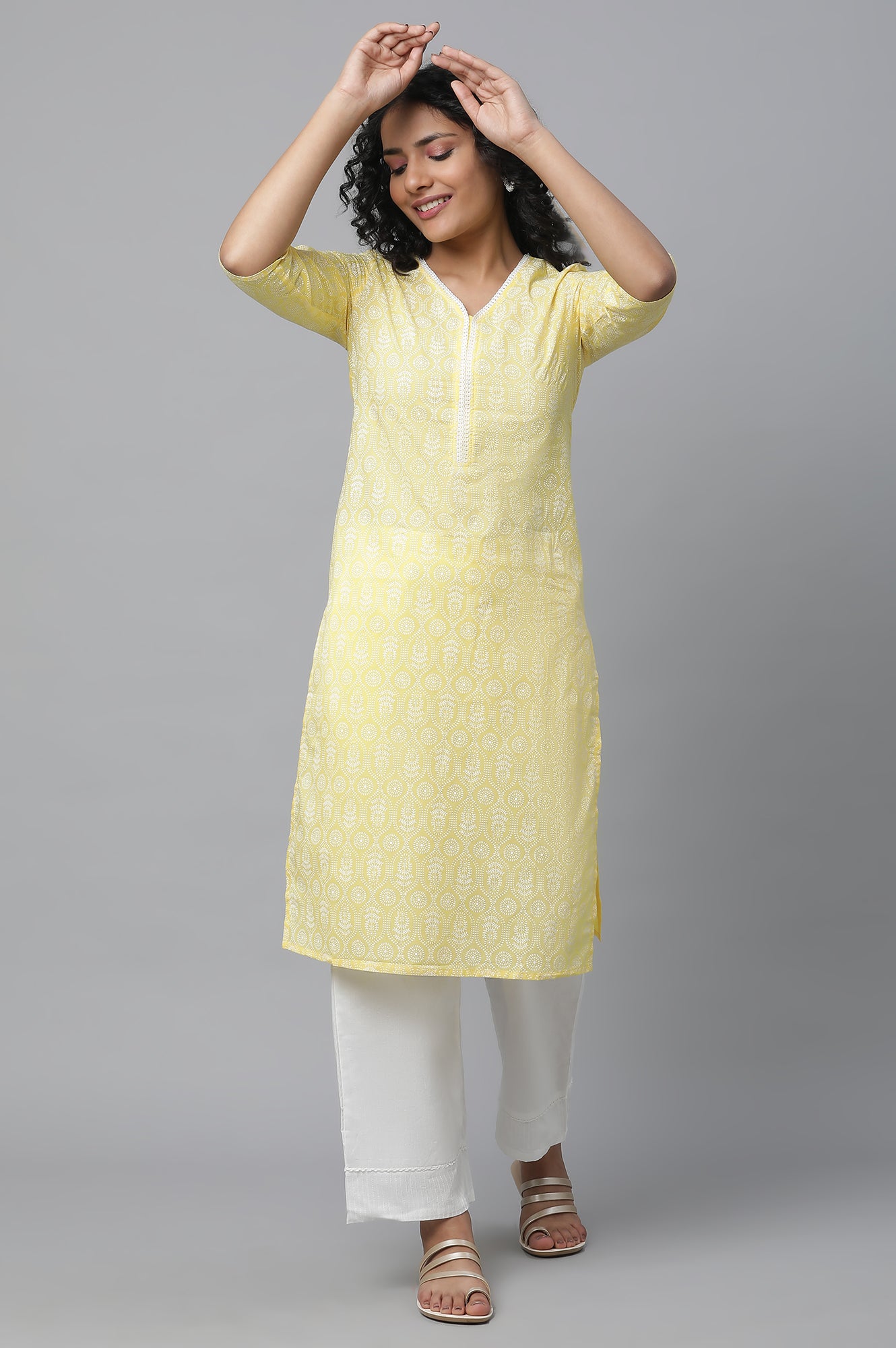 Yellow Printed Cotton kurta &amp; Palazzo Set