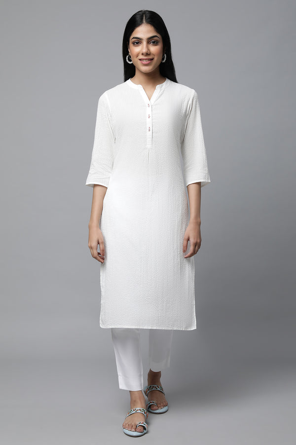 White Textured Cotton Kurta and Trouser Set
