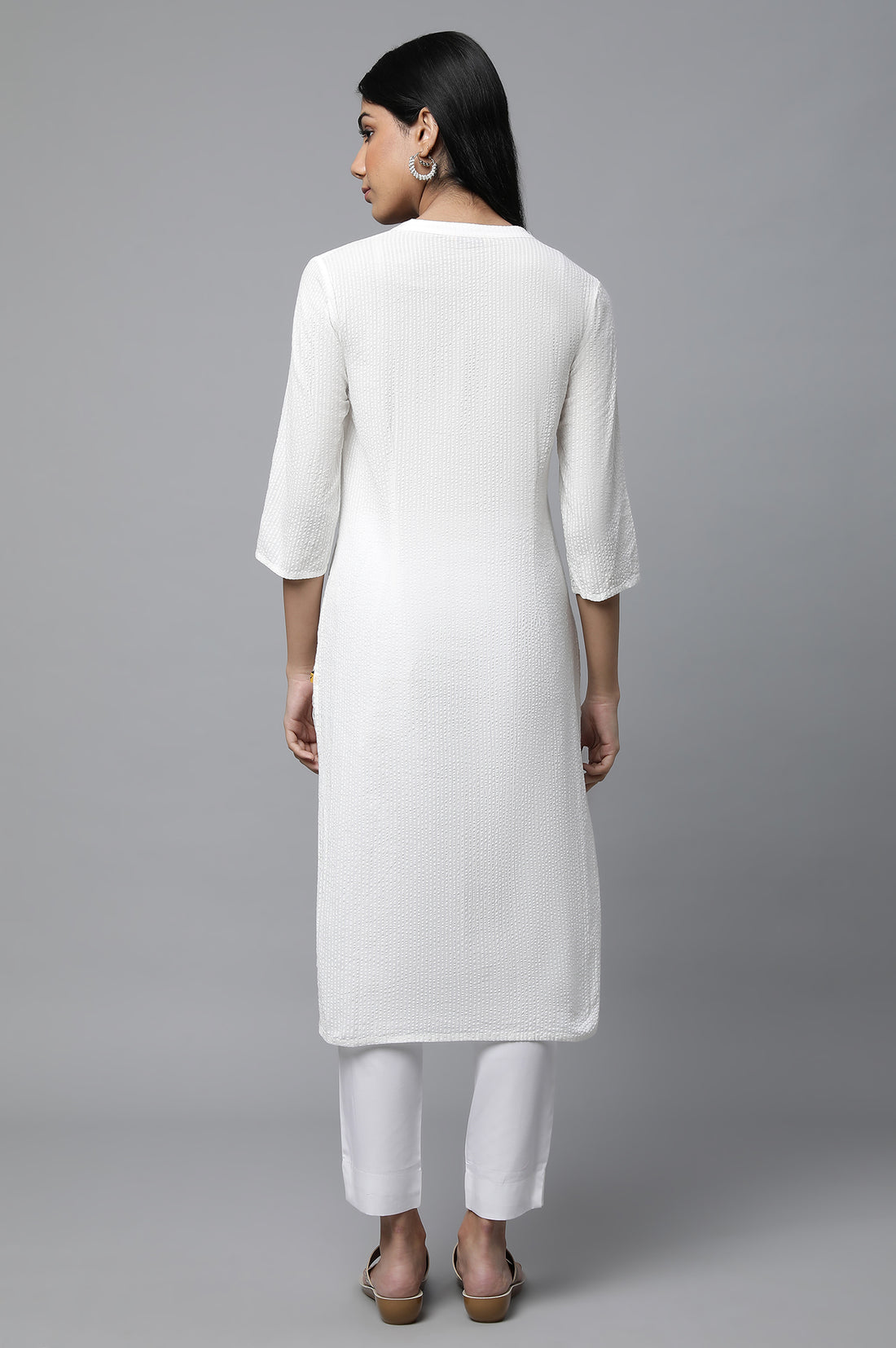 White Textured Cotton Kurta and Trouser Set