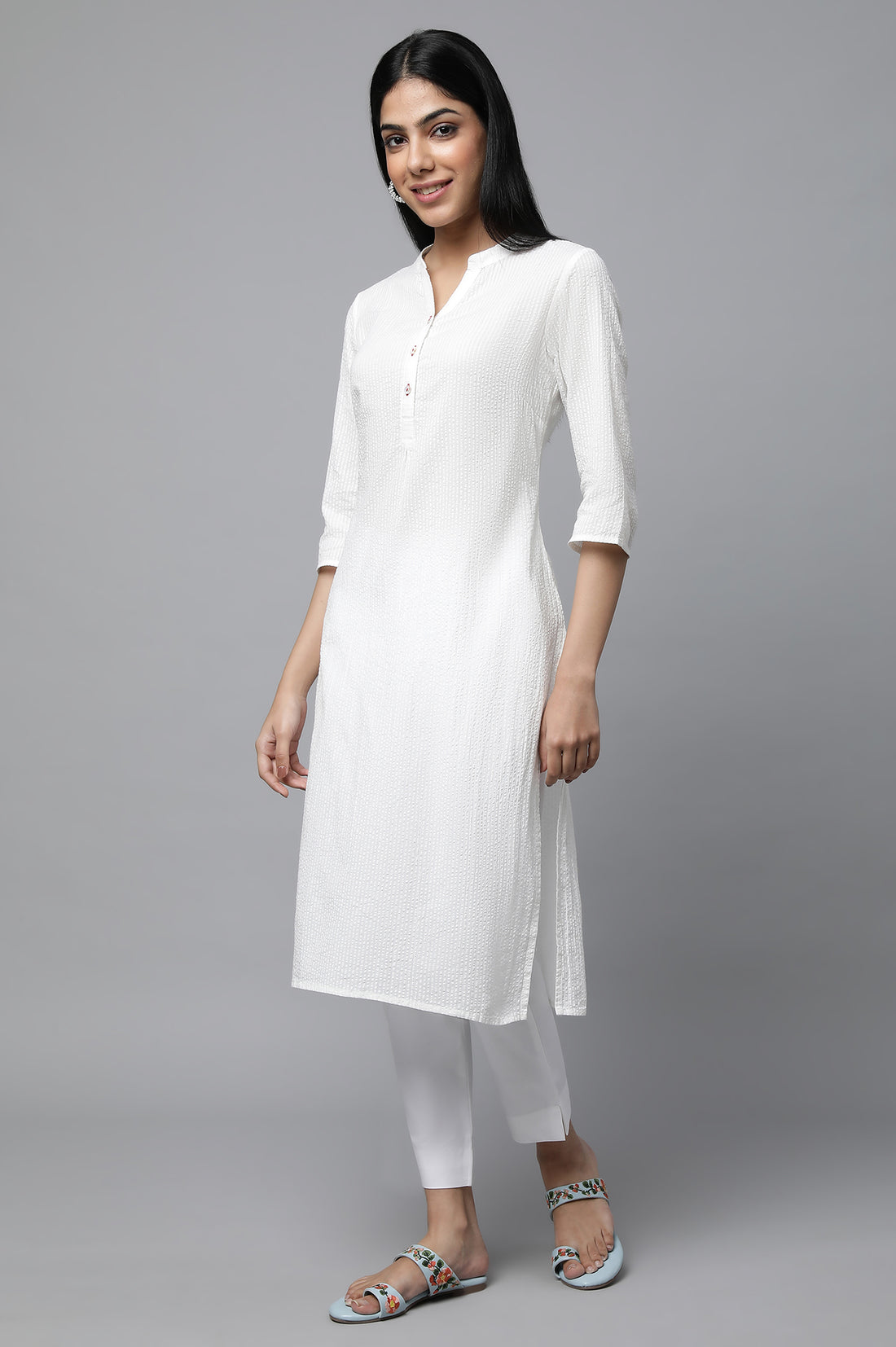 White Textured Cotton Kurta and Trouser Set