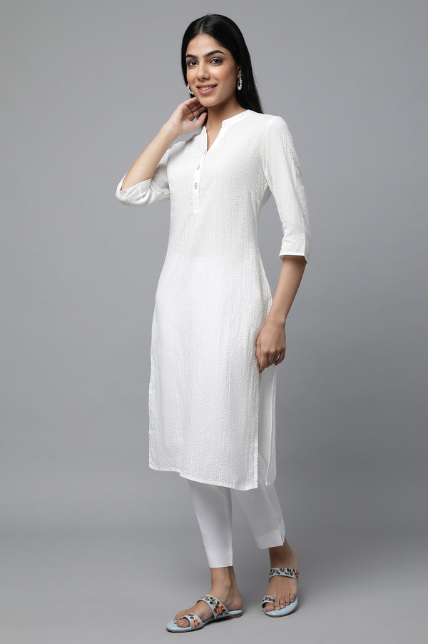 White Textured Cotton Kurta and Trouser Set