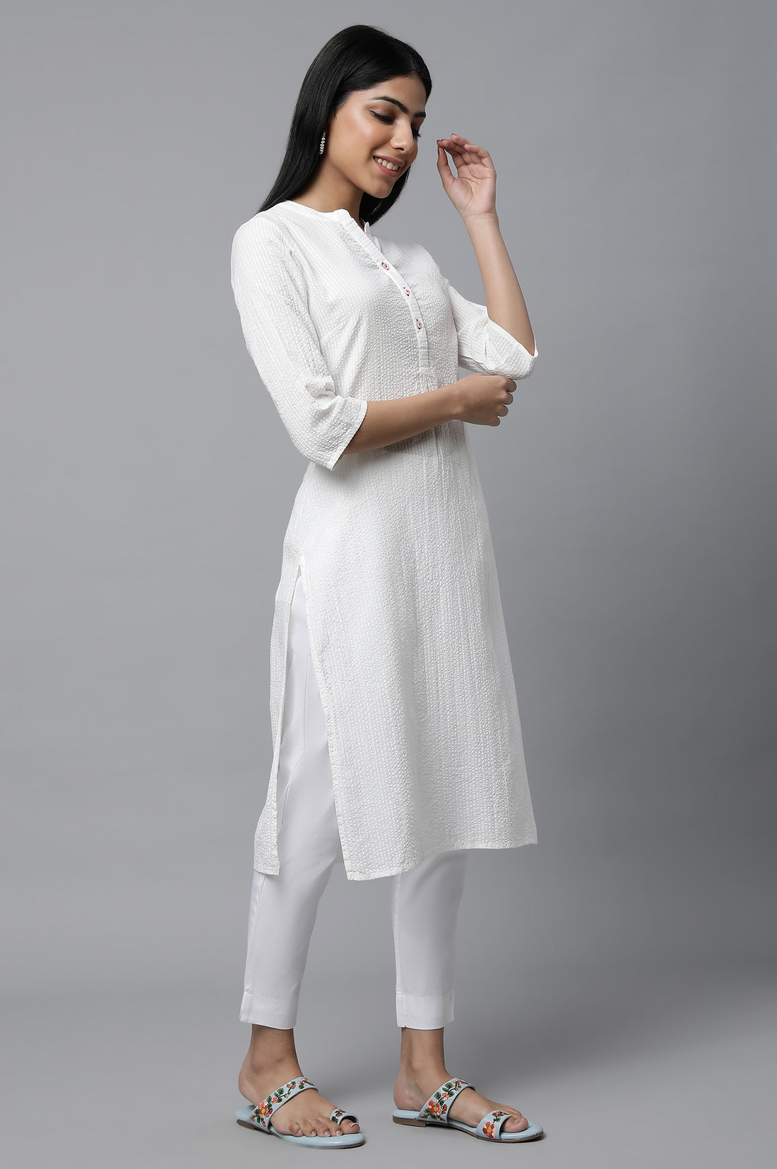 White Textured Cotton Kurta and Trouser Set