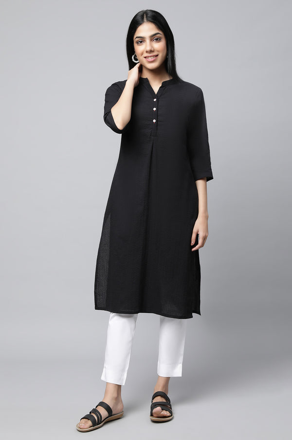 Black Textured Cotton Kurta and Trouser Set