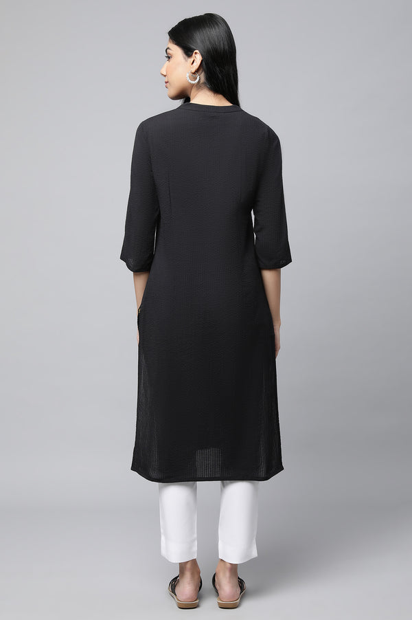Black Textured Cotton Kurta and Trouser Set