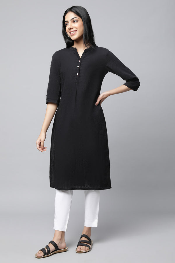 Black Textured Cotton Kurta and Trouser Set