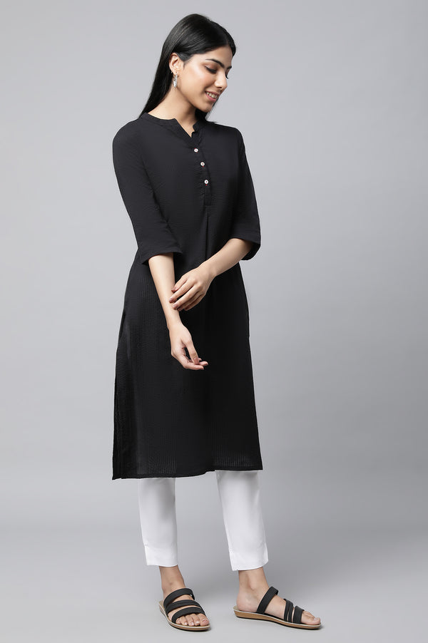 Black Textured Cotton Kurta and Trouser Set