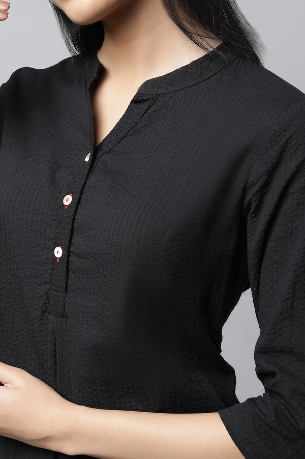 Black Textured Cotton Kurta and Trouser Set