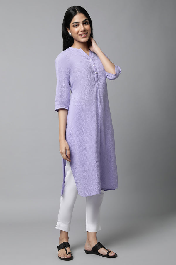 Purple Textured Cotton Kurta and Trouser Set