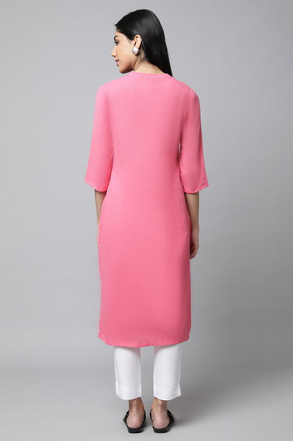 Pink Textured Cotton Kurta and Trouser Set