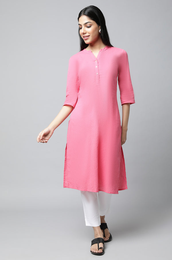 Pink Textured Cotton Kurta and Trouser Set