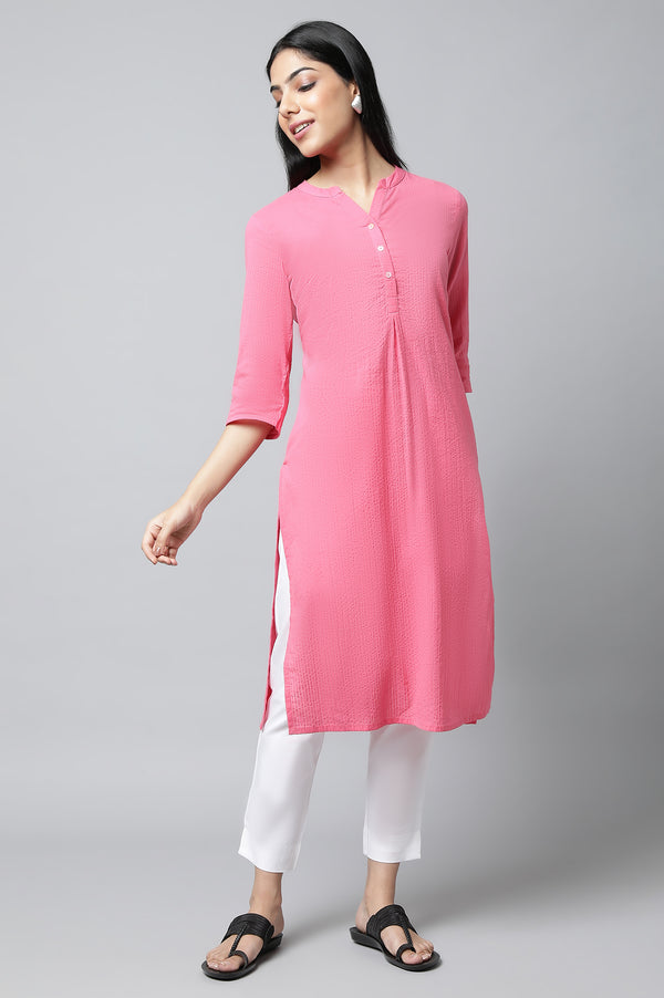 Pink Textured Cotton Kurta and Trouser Set