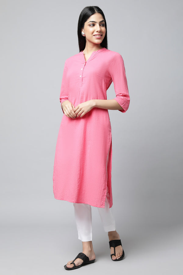 Pink Textured Cotton Kurta and Trouser Set