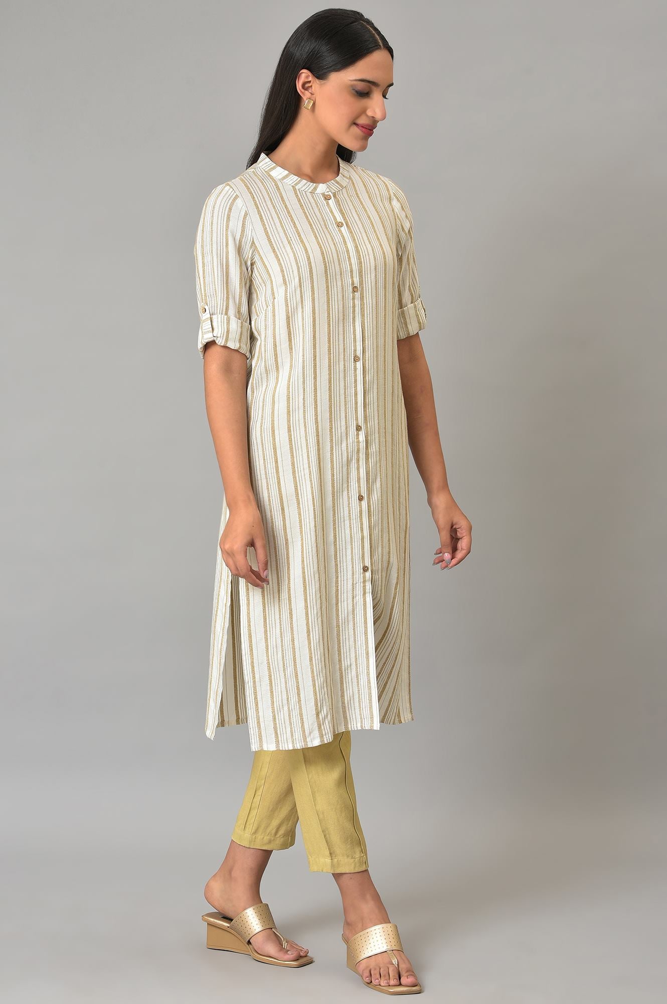 Beige Stripe Print kurta &amp; Trousers Set