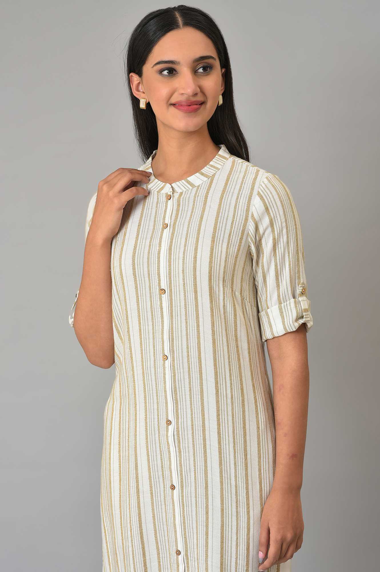 Beige Stripe Print kurta &amp; Trousers Set