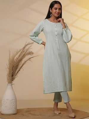 Aqua Green Striped Kurta and Trouser Set