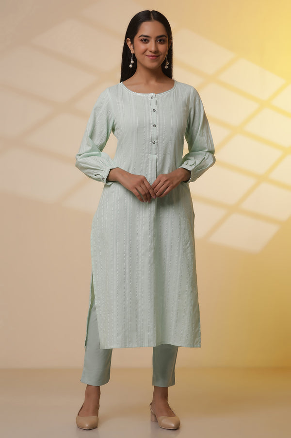 Aqua Green Striped Kurta and Trouser Set