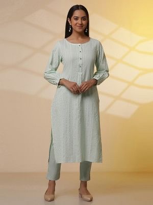 Aqua Green Striped Kurta and Trouser Set