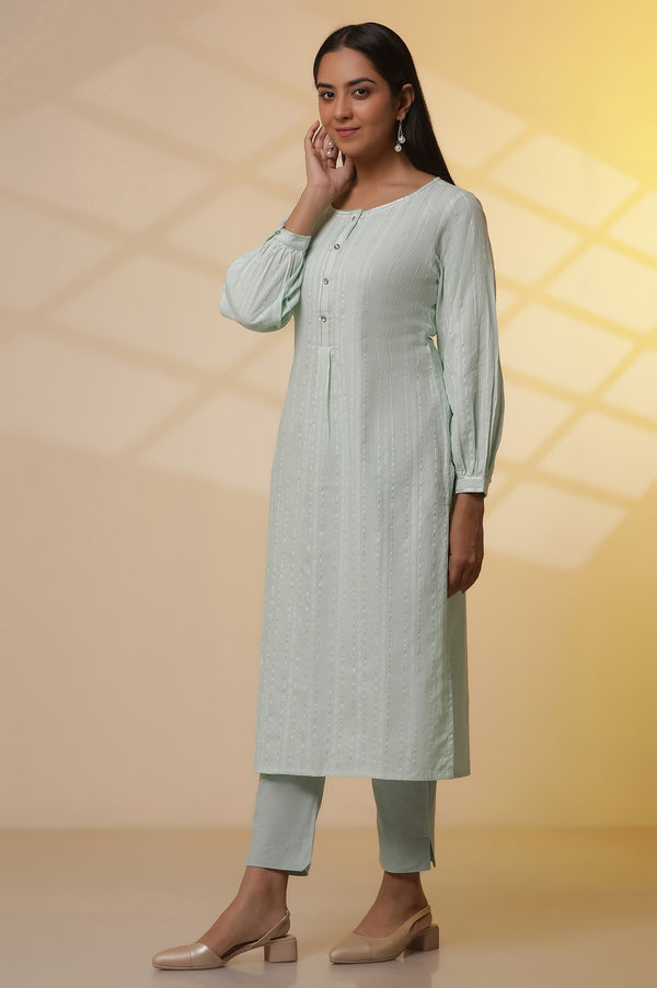 Aqua Green Striped Kurta and Trouser Set
