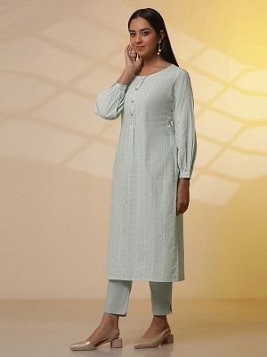 Aqua Green Striped Kurta and Trouser Set