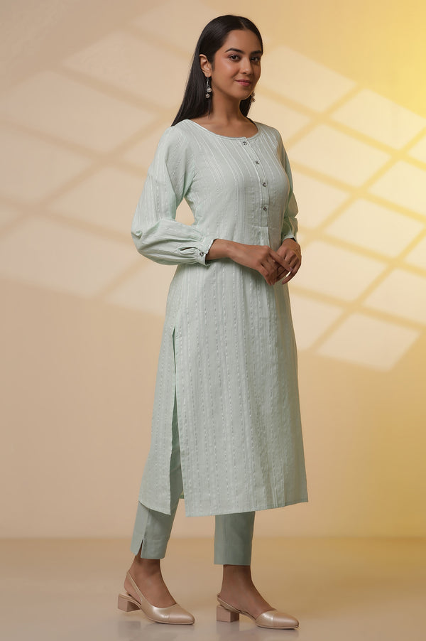 Aqua Green Striped Kurta and Trouser Set