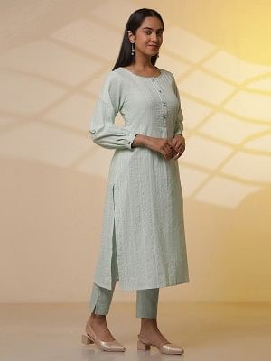 Aqua Green Striped Kurta and Trouser Set