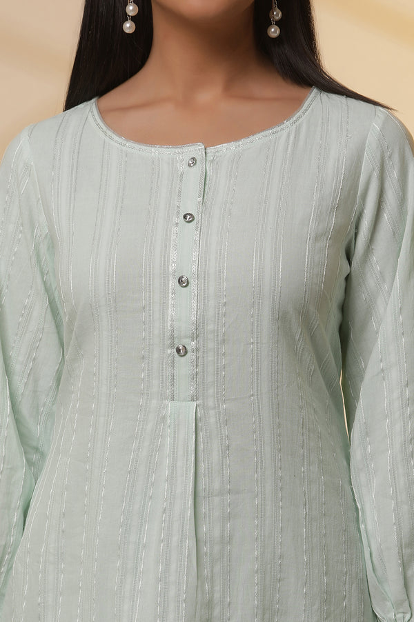 Aqua Green Striped Kurta and Trouser Set
