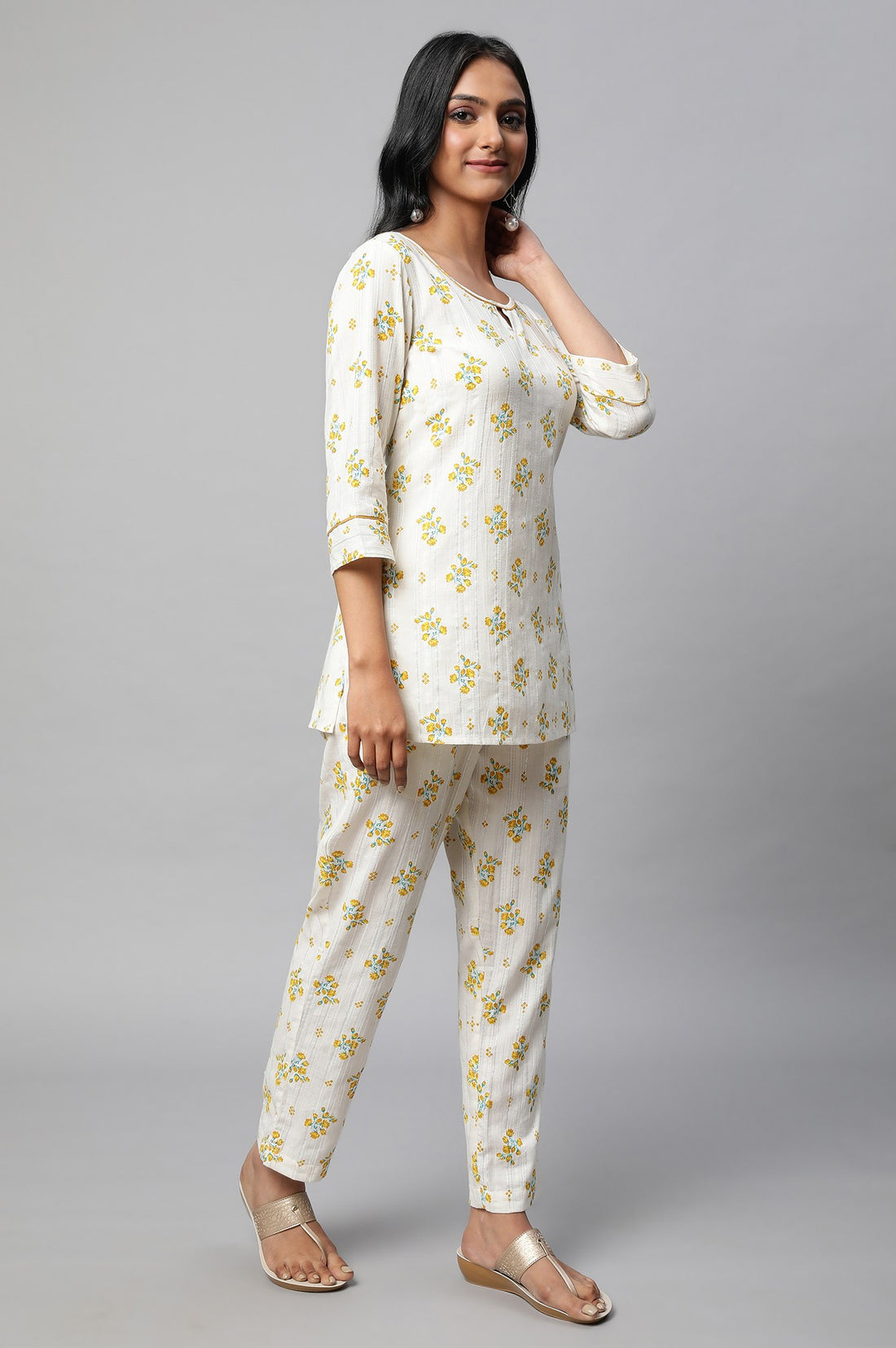 Beige Floral Print Summer kurta Co-Ord Set