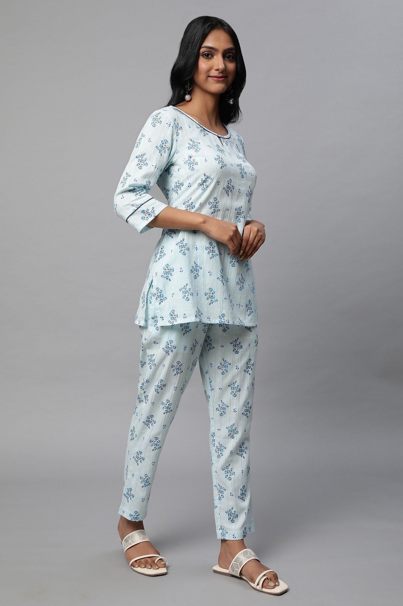 Blue Floral Print Summer kurta Co-Ord Set