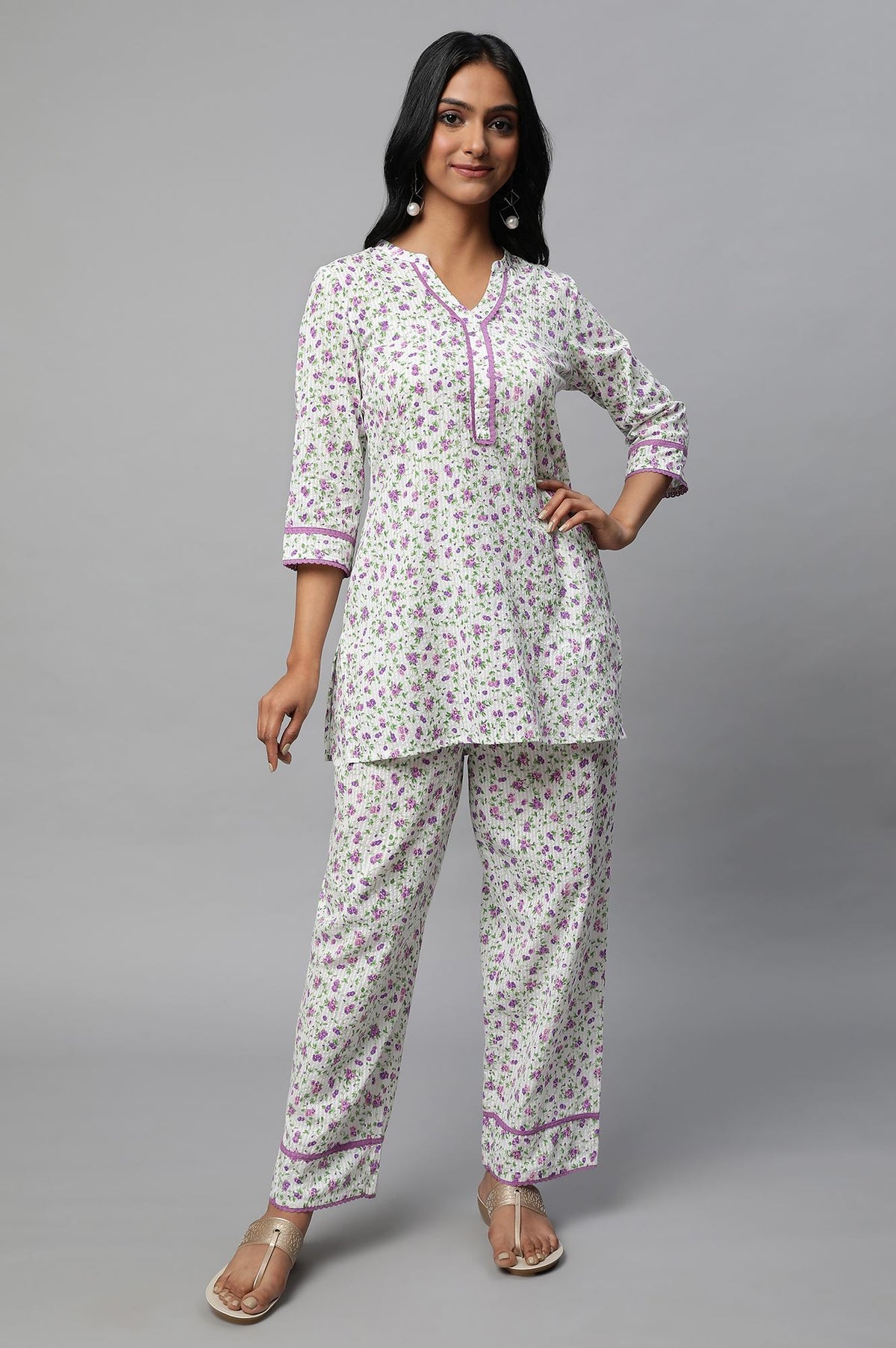 White Floral Print Summer Co-Ord Set - S