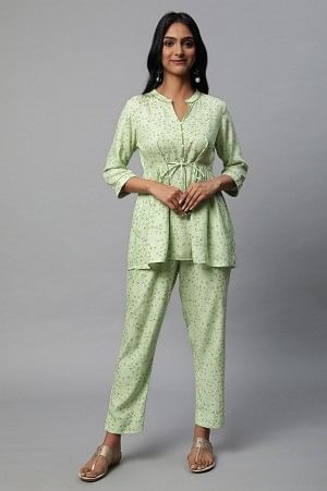 Green Floral Printed A-Line kurta Co-Ord Set