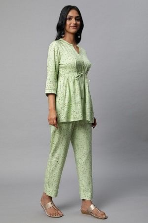 Green Floral Printed A-Line kurta Co-Ord Set