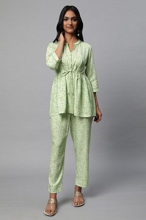 Green Floral Printed A-Line kurta Co-Ord Set