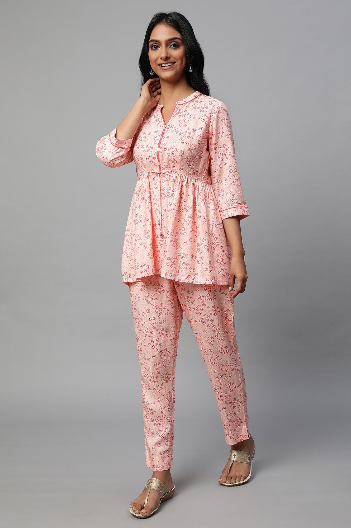 Pink Floral Printed A-Line kurta Co-Ord Set