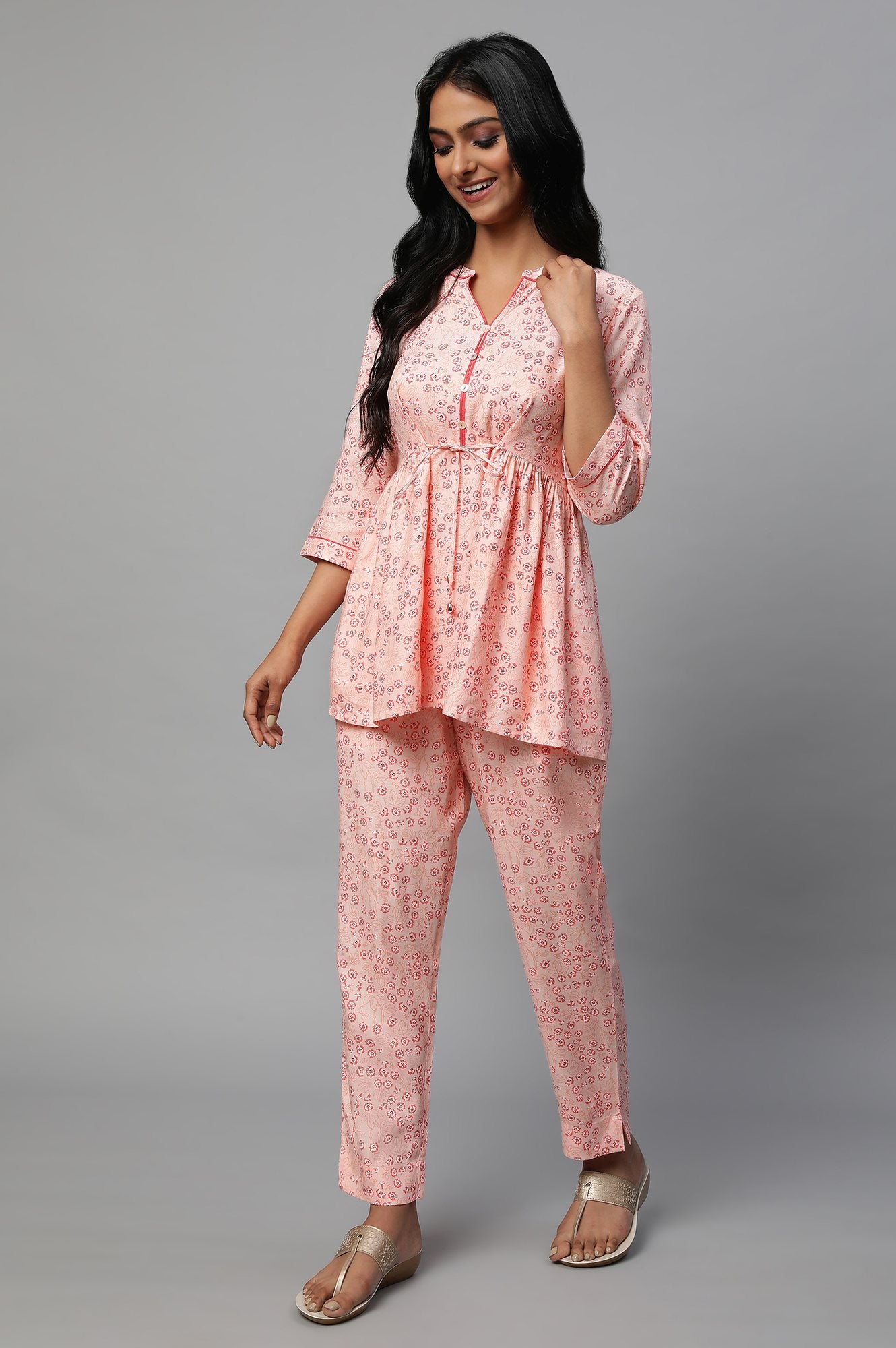 Pink Floral Printed A-Line kurta Co-Ord Set