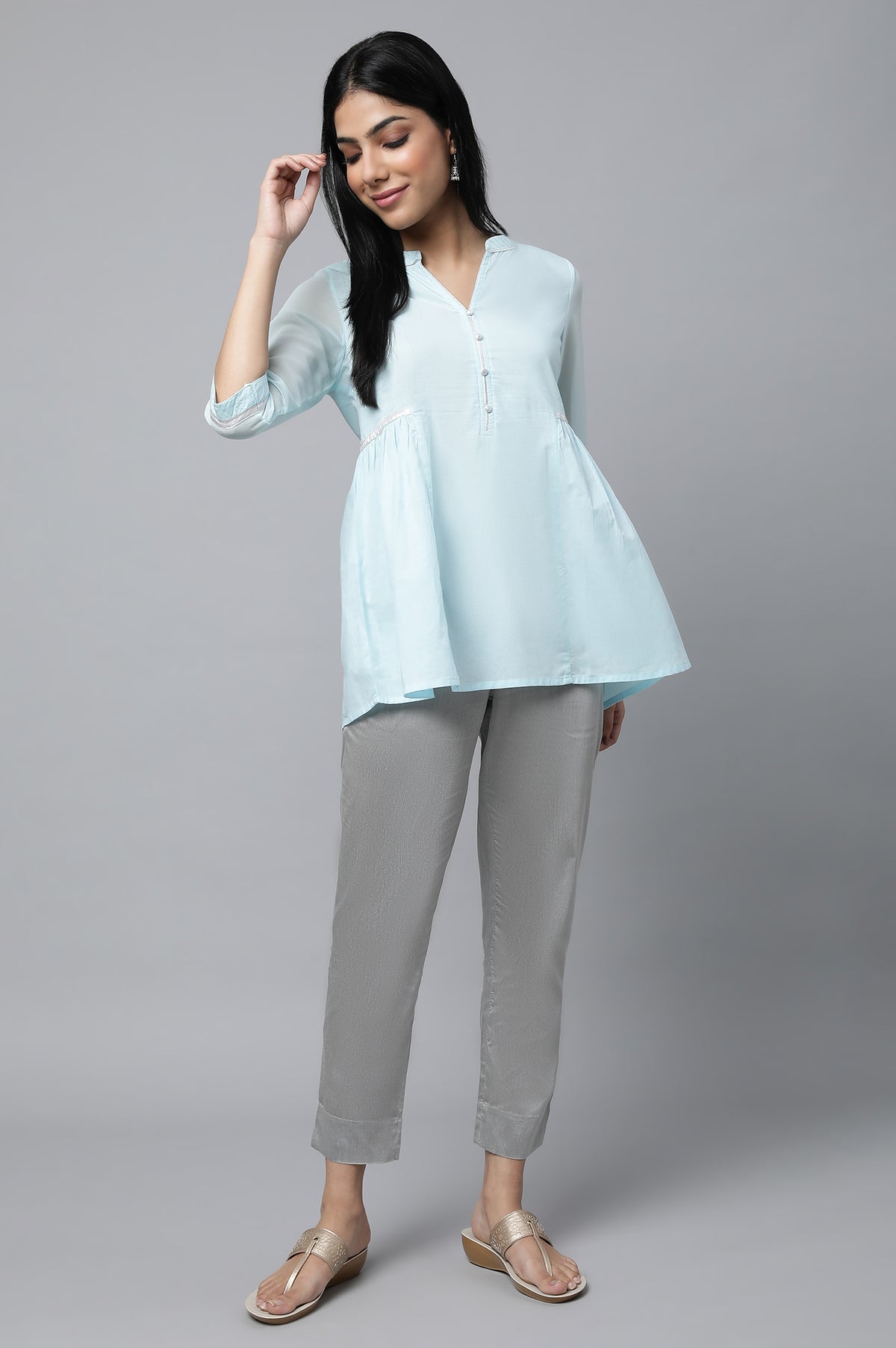 Blue Gathered kurta & Trouser Set - XS