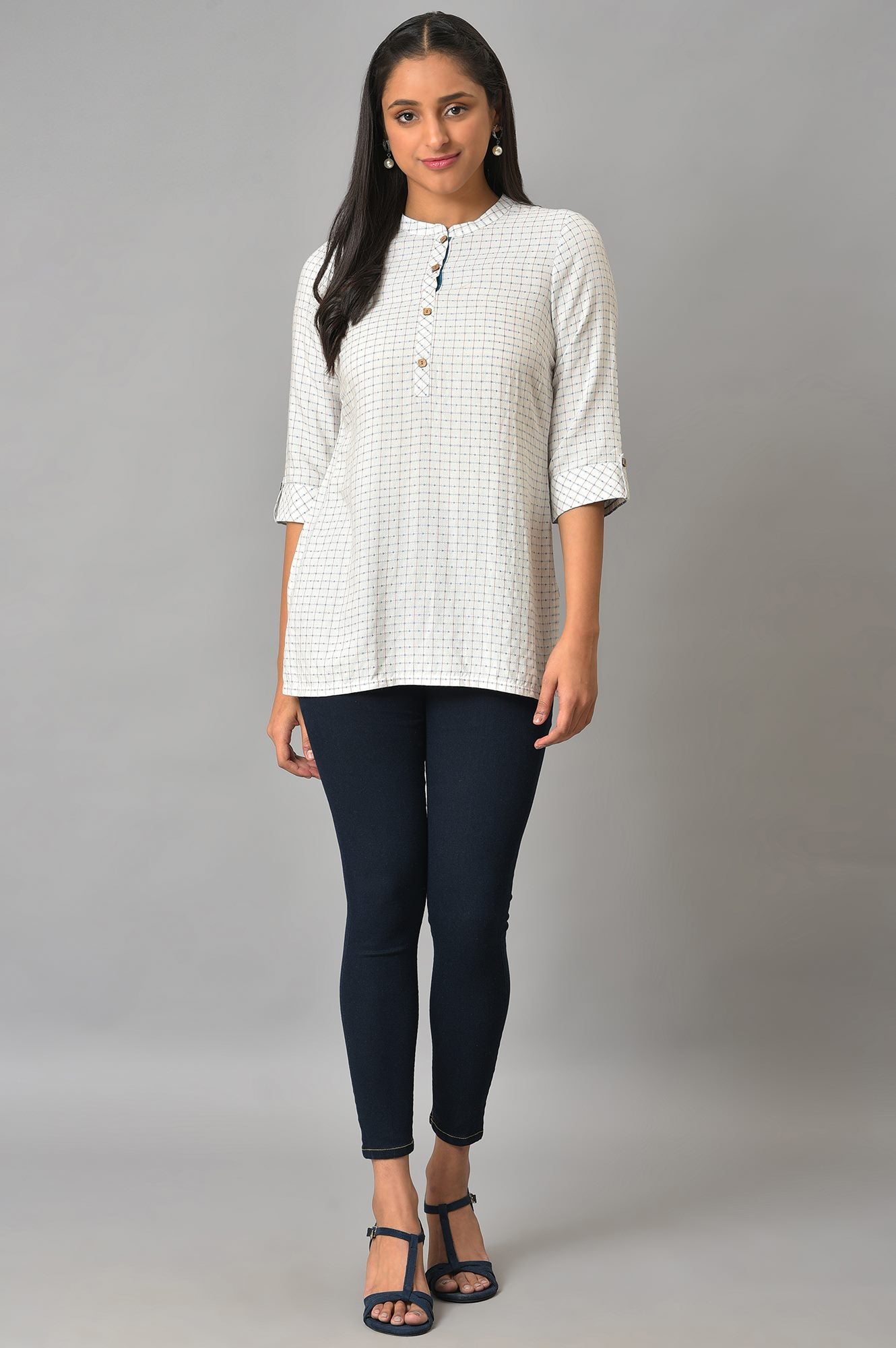 White Check Printed kurta &amp; Denim Jeggings